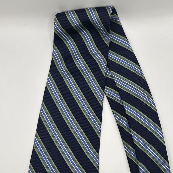 Chaps 100% Silk Men’s Neck Tie Hand Made Navy, Green White Stripes 58X3.5 - Picture 4 of 7